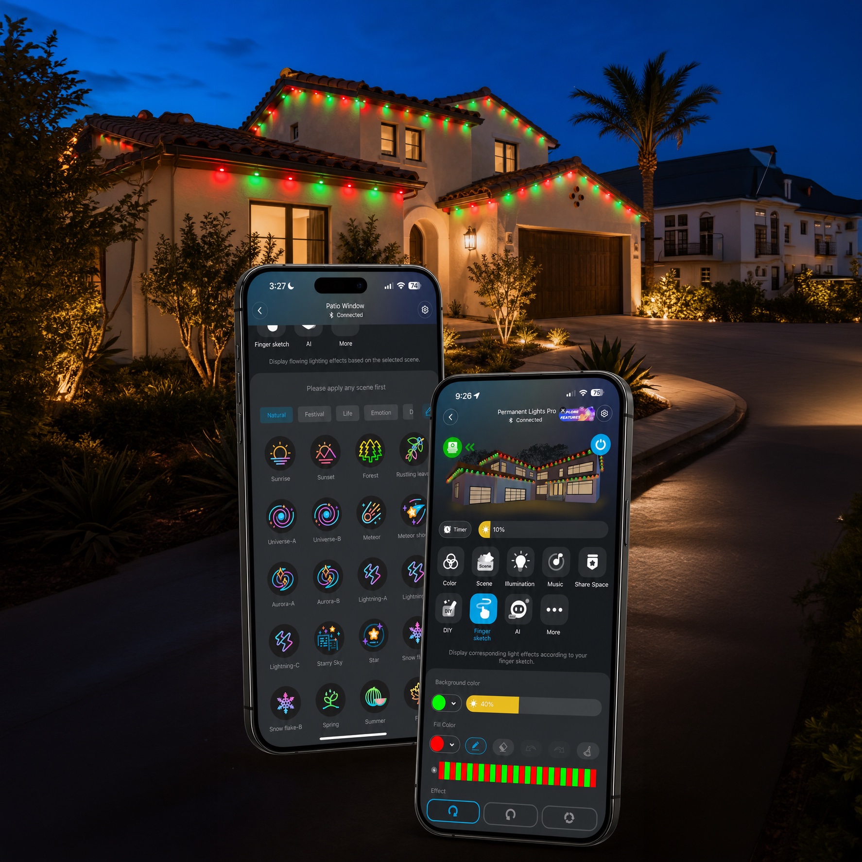 Govee app controls shown over a home with permanent outdoor lights
