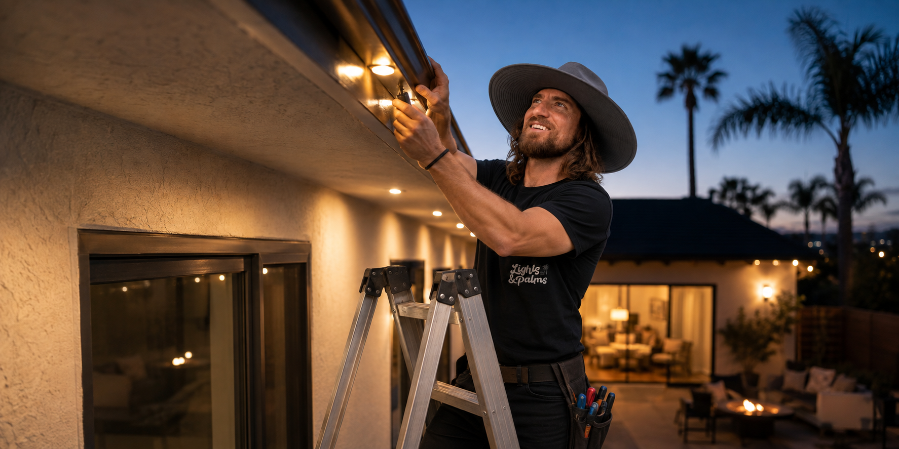Ramon installing permanent outdoor lighting on a Southern California home