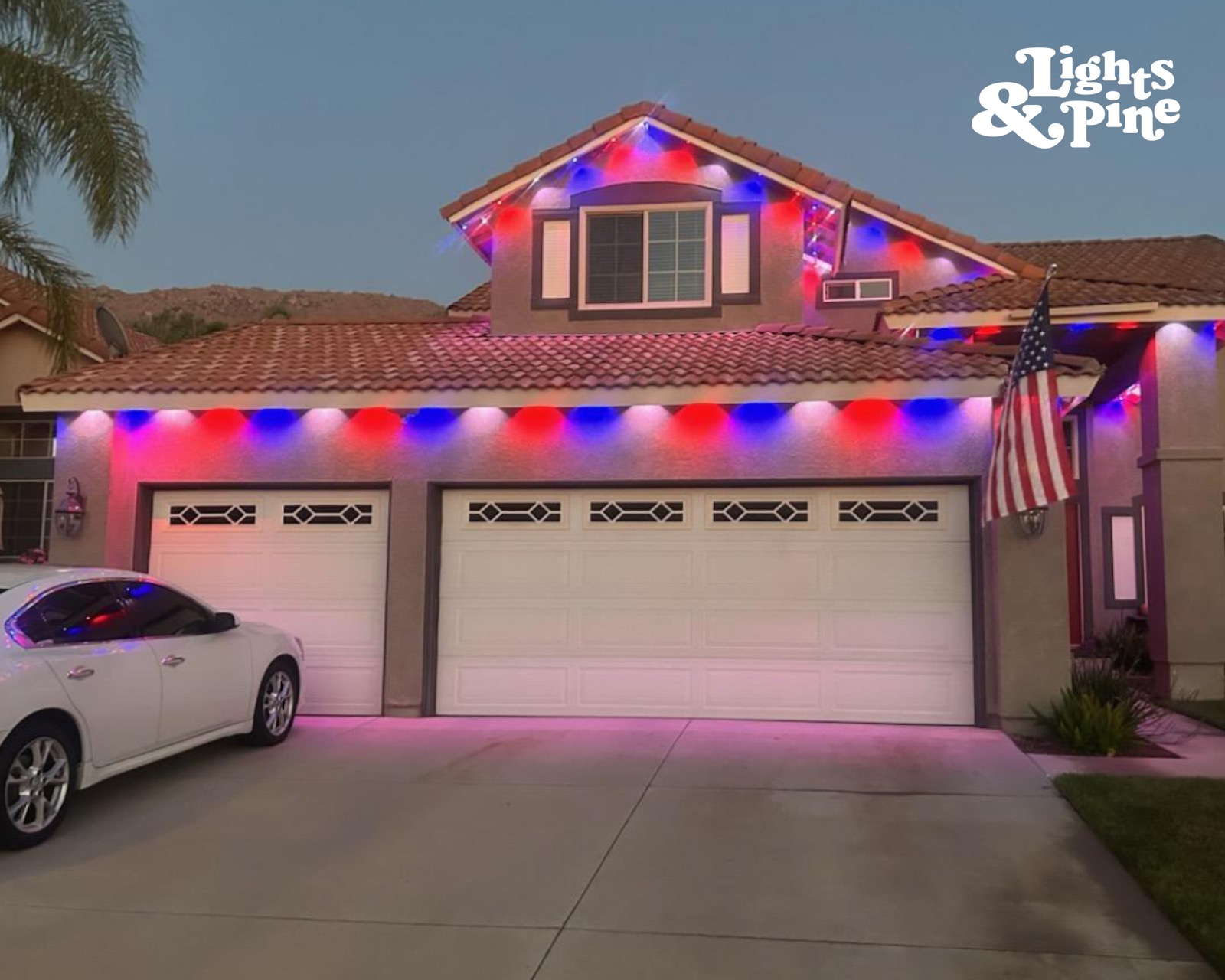 Red white and blue permanent outdoor lighting installation