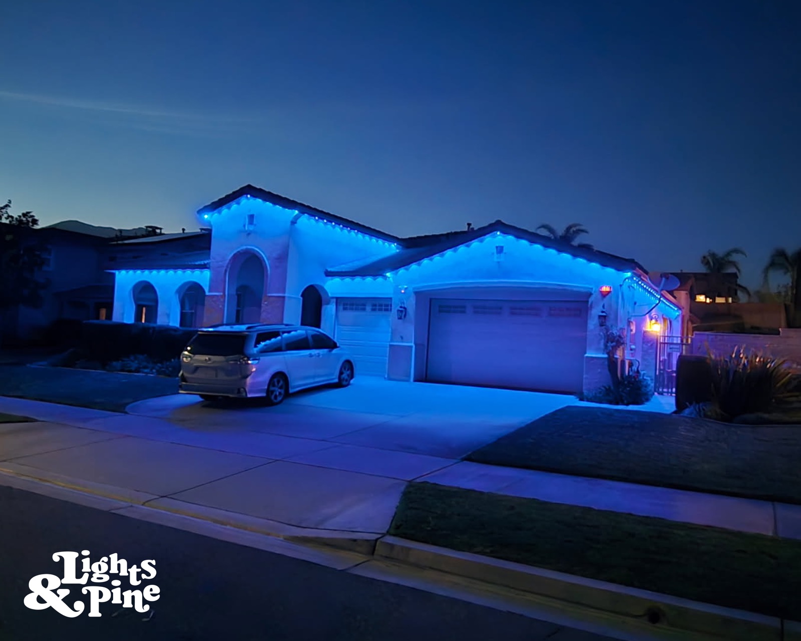 Blue permanent outdoor lighting installation
