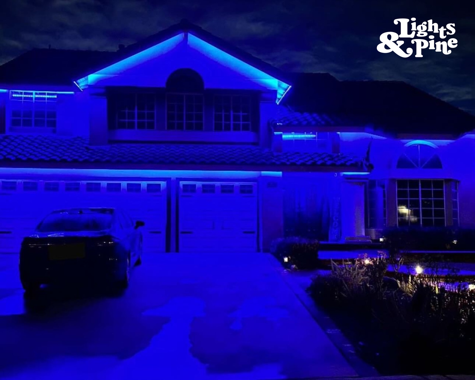 Blue permanent outdoor lighting installation